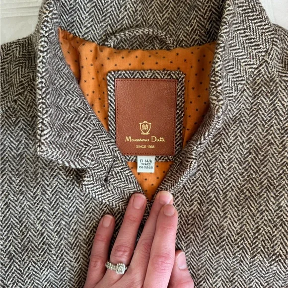 Massimo Dutti Wool Peacoat Trench Herringbone Sparkle Brown 13Y 14Y Sz 14-16 - Picture 13 of 15